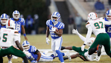 DURHAM, NC - NOVEMBER 30: Deon Jackson #25 of the Duke Blue Devils runs with the ball during a game against the Miami Hurricanes at Wallace Wade Stadium on November 30, 2019 in Durham, North Carolina. Duke defeated Miami 27-17. (Photo by Joe Robbins/Getty Images)
