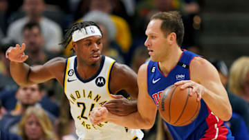 Bojan Bogdanovic #44 of the Detroit Pistons dribbles the ball while being guarded by Buddy Hield #24 of the Indiana Pacers (Photo by Dylan Buell/Getty Images)