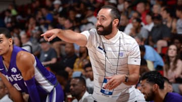 LAS VEGAS, NV - JULY 9: Summer League Head Coach Jesse Mermuys of the Sacramento Kings looks on during the game against the Houston Rockets on July 9, 2019 at the Cox Pavilion in Las Vegas, Nevada. NOTE TO USER: User expressly acknowledges and agrees that, by downloading and/or using this photograph, user is consenting to the terms and conditions of the Getty Images License Agreement. Mandatory Copyright Notice: Copyright 2019 NBAE (Photo by Bart Young/NBAE via Getty Images)
