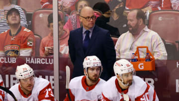 Mar 5, 2022; Sunrise, Florida, USA; Detroit Red Wings head coach Jeff Blashill looks on during the second period against the Florida Panthers at FLA Live Arena. Mandatory Credit: Jim Rassol-USA TODAY Sports