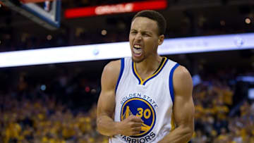 May 26, 2016; Oakland, CA, USA; Golden State Warriors guard Stephen Curry (30) reacts after scoring against the Oklahoma City Thunder during the second quarter in game five of the Western conference finals of the NBA Playoffs at Oracle Arena. Mandatory Credit: Kelley L Cox-USA TODAY Sports