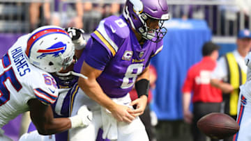 MINNEAPOLIS, MN - SEPTEMBER 23: Buffalo Bills Defensive End Jerry Hughes (55) strips Minnesota Vikings Quarterback Kirk Cousins (8) during a NFL game between the Minnesota Vikings and Buffalo Bills on September 23, 2018 at U.S. Bank Stadium in Minneapolis, Minnesota.(Photo by Nick Wosika/Icon Sportswire via Getty Images)