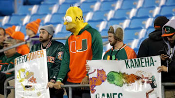 CHARLOTTE, NC - DECEMBER 02: Miami fans watch the teams warm up before the ACC Football Championship at Bank of America Stadium on December 2, 2017 in Charlotte, North Carolina. (Photo by Streeter Lecka/Getty Images)