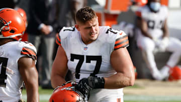 Nov 29, 2020; Jacksonville, Florida, USA; Cleveland Browns offensive guard Wyatt Teller (77) takes his helmet off during the second half against the Jacksonville Jaguars at TIAA Bank Field. Mandatory Credit: Reinhold Matay-USA TODAY Sports