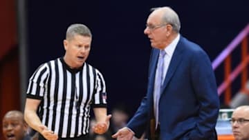 Nov 17, 2015; Syracuse, NY, USA; Syracuse Orange head coach Jim Boeheim reacts to a call while speaking with an official against the St. Bonaventure Bonnies during the first half at the Carrier Dome. Syracuse defeated St. Bonaventure 79-66. Mandatory Credit: Rich Barnes-USA TODAY Sports
