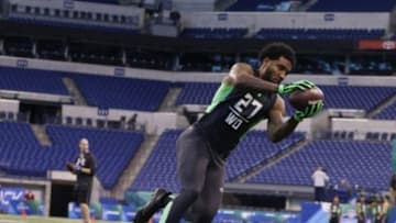 Feb 27, 2016; Indianapolis, IN, USA; Ohio State Buckeyes wide receiver Braxton Miller catches a pass during the 2016 NFL Scouting Combine at Lucas Oil Stadium. Mandatory Credit: Brian Spurlock-USA TODAY Sports