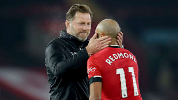 SOUTHAMPTON, ENGLAND - NOVEMBER 06: Ralph Hasenhuttl and Nathan Redmond of Southampton after their sides 2-0 win during the Premier League match between Southampton and Newcastle United at St Mary's Stadium on November 06, 2020 in Southampton, England. Sporting stadiums around the UK remain under strict restrictions due to the Coronavirus Pandemic as Government social distancing laws prohibit fans inside venues resulting in games being played behind closed doors. (Photo by Robin Jones/Getty Images)
