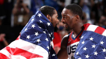 Bam Adebayo #13 of Team United States hugs teammate Kevin Durant #7 following the United States' victory over France in the Men's Basketball Finals (Photo by Gregory Shamus/Getty Images)