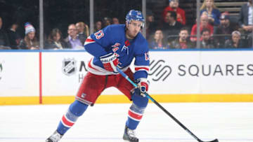 NEW YORK, NY - OCTOBER 23: Kevin Hayes #13 of the New York Rangers skates with the puck against the Florida Panthers at Madison Square Garden on October 23, 2018 in New York City. The New York Rangers won 5-2. (Photo by Jared Silber/NHLI via Getty Images)