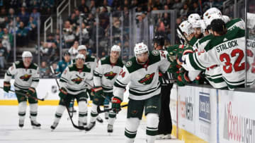 SAN JOSE, CA - NOVEMBER 06: The Minnesota Wild celebrate scoring a goal against the San Jose Sharks at SAP Center on November 6, 2018 in San Jose, California (Photo by Brandon Magnus/NHLI via Getty Images)