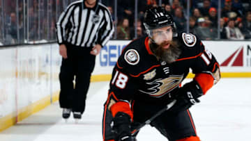 ANAHEIM, CA - NOVEMBER 7: Patrick Eaves #18 of the Anaheim Ducks skates with the puck during the game against the Calgary Flames on November 7, 2018 at Honda Center in Anaheim, California. (Photo by Debora Robinson/NHLI via Getty Images)