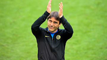 MILAN, ITALY - MAY 23: Coach Antonio Conte of FC Internazionale during the Serie A match between FC Internazionale Milano and Udinese Calcio at Stadio Giuseppe Meazza on May 23, 2021 in Milan, Italy. Sporting stadiums around Italy remain under strict restrictions due to the Coronavirus Pandemic as Government social distancing laws prohibit fans inside venues resulting in games being played behind closed doors (Photo by Mattia Ozbot/Getty Images)