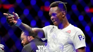 NEW YORK, NY - NOVEMBER 03: Israel Adesanya of Nigeria celebrates victory over Derek Brunson of the United States in their middleweight bout during the UFC 230 event at Madison Square Garden on November 3, 2018 in New York City. (Photo by Steven Ryan/Getty Images)