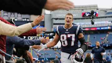 FOXBOROUGH, MA - SEPTEMBER 09: Rob Gronkowski #87 of the New England Patriots reacts after defeating the Houston Texans 27-20 at Gillette Stadium on September 9, 2018 in Foxborough, Massachusetts. (Photo by Jim Rogash/Getty Images)