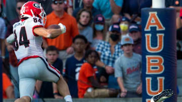 Ladd McConkey scores against Auburn Tigers defensive back Nehemiah Pritchett. (Photo by The Montgomery Advertiser)