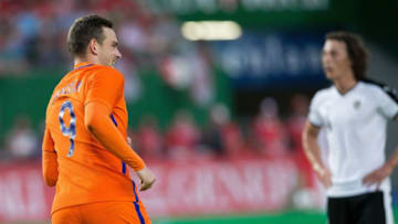 Netherlands' Vincent Janssen (L) celebrates scoring during the EURO 2016 friendly football match Austria vs Netherlands at Ernst Happel stadium in Vienna, Austria, on June 4, 2016. / AFP / APA / GEORG HOCHMUTH / Austria OUT (Photo credit should read GEORG HOCHMUTH/AFP/Getty Images)