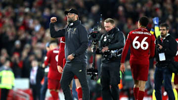 LIVERPOOL, ENGLAND - DECEMBER 29: Jurgen Klopp, Manager of Liverpool celebrates during the Premier League match between Liverpool FC and Arsenal FC at Anfield on December 29, 2018 in Liverpool, United Kingdom. (Photo by Clive Brunskill/Getty Images)