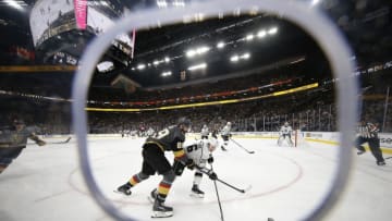 LAS VEGAS, NV - JANUARY 09: Vegas Golden Knights right wing Alex Tuch (89) battles Los Angeles Kings defenseman Sean Walker (26) for control of the puck during a regular season game Thursday, Jan. 9, 2020, at T-Mobile Arena in Las Vegas, Nevada. (Photo by: Marc Sanchez/Icon Sportswire via Getty Images)
