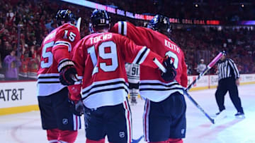Nov 6, 2016; Chicago, IL, USA; Chicago Blackhawks center Artem Anisimov (15) reacts after scoring a goal against the Dallas Stars during the third period at United Center. Mandatory Credit: Mike DiNovo-USA TODAY Sports