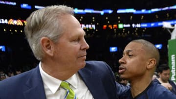 BOSTON, MA - MARCH 18: Celtics general manager and president Danny Ainge, left, and Isaiah Thomas #0 of the Denver Nuggets talk after the Nuggets beat the Celtics 114-105 during an NBA basketball game at TD Garden in Boston, Massachusetts on March 18, 2019. (Staff Photo By Christopher Evans/MediaNews Group/Boston Herald via Getty Images)