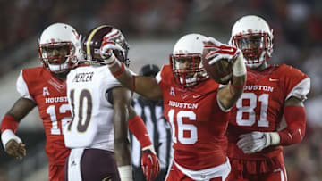 Sep 26, 2015; Houston, TX, USA; Houston Cougars safety Adrian McDonald (16) celebrates after recovering a fumble during the second quarter against the Texas State Bobcats at TDECU Stadium. Mandatory Credit: Troy Taormina-USA TODAY Sports