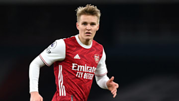 LONDON, ENGLAND - JANUARY 30: Martin Odegaard of Arsenal during the Premier League match between Arsenal and Manchester United at Emirates Stadium on January 30, 2021 in London, England. Sporting stadiums around the UK remain under strict restrictions due to the Coronavirus Pandemic as Government social distancing laws prohibit fans inside venues resulting in games being played behind closed doors. (Photo by Shaun Botterill/Getty Images)