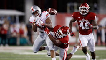 BLOOMINGTON, IN - AUGUST 31: J.K. Dobbins #2 of the Ohio State Buckeyes attempts to catch the ball while Tony Fields #19 of the Indiana Hoosiers knocks it away during the game at Memorial Stadium on August 31, 2017 in Bloomington, Indiana. (Photo by Andy Lyons/Getty Images)