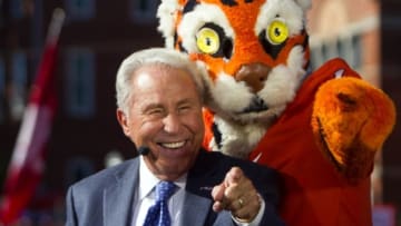 Oct 1, 2016; Clemson, SC, USA; Clemson Tigers mascot interacts with Lee Corso during the ESPN College Gameday broadcast on Bowman Field prior to the game against the Louisville Cardinals. Mandatory Credit: Joshua S. Kelly-USA TODAY Sports