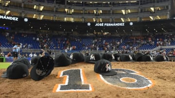 Sep 26, 2016; Miami, FL, USA; Hats of the Miami Marlins lay on the pitchers mound after the game to honor teammate starting pitcher Jose Fernandez at Marlins Park. Mandatory Credit: Jasen Vinlove-USA TODAY Sports