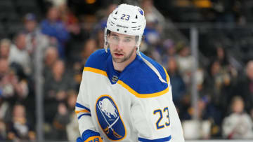 Dec 19, 2022; Las Vegas, Nevada, USA; Buffalo Sabres defenseman Mattias Samuelsson (23) warms up before a game against the Vegas Golden Knights at T-Mobile Arena. Mandatory Credit: Stephen R. Sylvanie-USA TODAY Sports