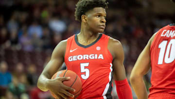Feb 26, 2020; Columbia, South Carolina, USA; Georgia Bulldogs guard Anthony Edwards (5) holds onto the ball against the South Carolina Gamecocks in the first half at Colonial Life Arena. Mandatory Credit: Jeff Blake-USA TODAY Sports
