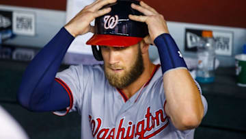 Aug 1, 2016; Phoenix, AZ, USA; Washington Nationals outfielder Bryce Harper puts on his helmet against the Arizona Diamondbacks at Chase Field. Mandatory Credit: Mark J. Rebilas-USA TODAY Sports