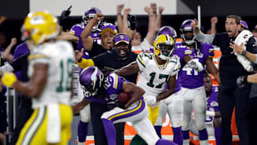 MINNEAPOLIS, MN - SEPTEMBER 18: Cornerback Trae Waynes #26 of the Minnesota Vikings intercepts a pass intended for wide receiver Davante Adams #17 of the Green Bay Packers late in the fourth quarter during the game on September 18, 2016 in Minneapolis, Minnesota. (Photo by Jamie Squire/Getty Images)