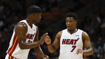 Miami Heat guard Kyle Lowry (7) and forward Jimmy Butler (22) talk on the court(Sam Navarro-USA TODAY Sports)