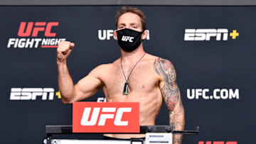 LAS VEGAS, NEVADA - MARCH 19: In this UFC handout, Brad Riddell of New Zealand poses on the scale during the UFC weigh-in at UFC APEX on March 19, 2021 in Las Vegas, Nevada. (Photo by Chris Unger/Zuffa LLC via Getty Images)