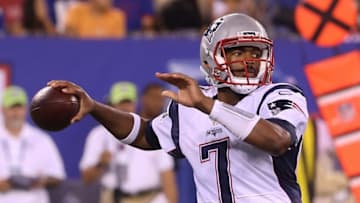 Sep 1, 2016; East Rutherford, NJ, USA; New England Patriots quarterback Jacoby Brissett (7) throws a pass during the second half of their game against the New York Giants at MetLife Stadium. The Giants defeated the Patriots 17-9. Mandatory Credit: Ed Mulholland-USA TODAY Sports