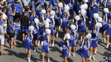 Sep 5, 2015; Lexington, KY, USA; The Kentucky Wildcats cheerleaders during the cat walk before the game against the Louisiana Lafayette Ragin Cajuns at Commonwealth Stadium. Kentucky defeated Louisiana Lafayette 40-33. Mandatory Credit: Mark Zerof-USA TODAY Sports