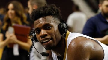 Oct 1, 2016; Bossier City, LA, USA; New Orleans Pelicans guard Buddy Hield (24) is interviewed following a game against the Dallas Mavericks at CenturyLink Center. New Orleans won 116-102. Mandatory Credit: Ray Carlin-USA TODAY Sports