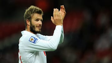 LONDON, ENGLAND - OCTOBER 14: David Beckham of England acknowledges the fans applause after the FIFA 2010 World Cup Qualifying Group 6 match between England and Belarus at Wembley Stadium on October 14, 2009 in London, England. (Photo by Laurence Griffiths/Getty Images)