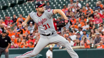 BALTIMORE, MD - MAY 30: Washington Nationals starting pitcher Max Scherzer (31) in his wind up during a MLB game on May 30, 2018, between the Baltimore Orioles and the Washington Nationals, at Oriole Park at Camden Yards, in Baltimore, Maryland.The Nationals defeated the Orioles 2-0.(Photo by Tony Quinn/Icon Sportswire via Getty Images)
