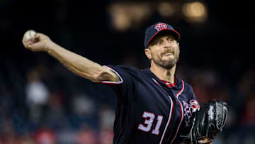 WASHINGTON, DC - SEPTEMBER 13: Max Scherzer #31 of the Washington Nationals pitches against the Atlanta Braves during the first inning at Nationals Park on September 13, 2019 in Washington, DC. (Photo by Scott Taetsch/Getty Images)