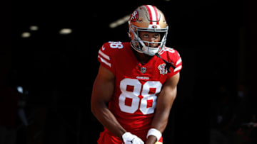 Aug 14, 2021; Santa Clara, California, USA; San Francisco 49ers tight end Jordan Matthews (88) jogs on the field before the game against the Kansas City Chiefs at Levi's Stadium. Mandatory Credit: Darren Yamashita-USA TODAY Sports