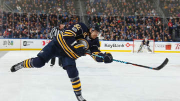 BUFFALO, NY - MARCH 04: Marcus Foligno #82 of the Buffalo Sabres fires a first period shot against the Tampa Bay Lightning during an NHL game at the KeyBank Center on March 4, 2017 in Buffalo, New York. (Photo by Bill Wippert/NHLI via Getty Images)
