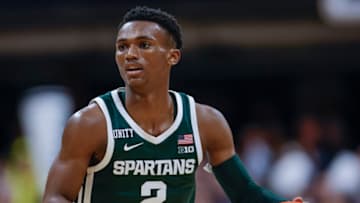 INDIANAPOLIS, IN - NOVEMBER 17: Tyson Walker #2 of the Michigan State Spartans brings the ball up court during the game against the Butler Bulldogs at Hinkle Fieldhouse on November 17, 2021 in Indianapolis, Indiana. (Photo by Michael Hickey/Getty Images)