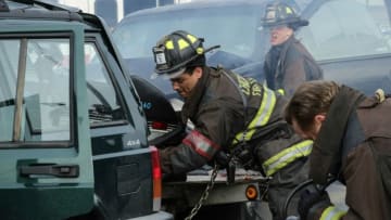 CHICAGO FIRE -- "Virgin Skin" Episode 214 -- Pictured: (l-r) Charlie Barnett as Peter Mills, David Eigenberg as Christopher Herrmann, Christian Stolte as Mouch -- (Photo by: Elizabeth Morris/NBC)