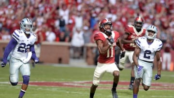 Oct 15, 2016; Norman, OK, USA; Oklahoma Sooners wide receiver Dede Westbrook (11) runs for a touchdown after a reception against Kansas State Wildcats defensive back DJ Reed (2) and Kansas State Wildcats defensive back Dante Barnett (22) during the third quarter at Gaylord Family - Oklahoma Memorial Stadium. Mandatory Credit: Mark D. Smith-USA TODAY Sports