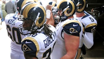 Nov 22, 2015; Baltimore, MD, USA; St. Louis Rams running back Todd Gurley (30) talks to teammates prior to the game against the Baltimore Ravens at M&T Bank Stadium. Mandatory Credit: Evan Habeeb-USA TODAY Sports
