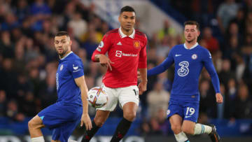 Casemiro of Manchester United in action with Mateo Kovacic and Mason Mount of Chelsea (Photo by Marc Atkins/Getty Images)