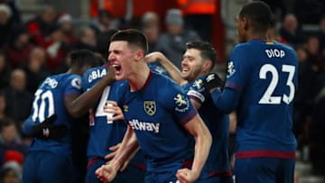 SOUTHAMPTON, ENGLAND - DECEMBER 27: Declan Rice of West Ham United celebrates after Felipe Anderson of West Ham United scores his sides second goal during the Premier League match between Southampton FC and West Ham United at St Mary's Stadium on December 27, 2018 in Southampton, United Kingdom. (Photo by Michael Steele/Getty Images)