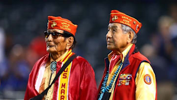 Sep 11, 2015; Phoenix, AZ, USA; Navajo Indians who were US Marines code talkers during world war two are recognized on the field prior to the Arizona Diamondbacks game against the Los Angeles Dodgers at Chase Field. Mandatory Credit: Mark J. Rebilas-USA TODAY Sports